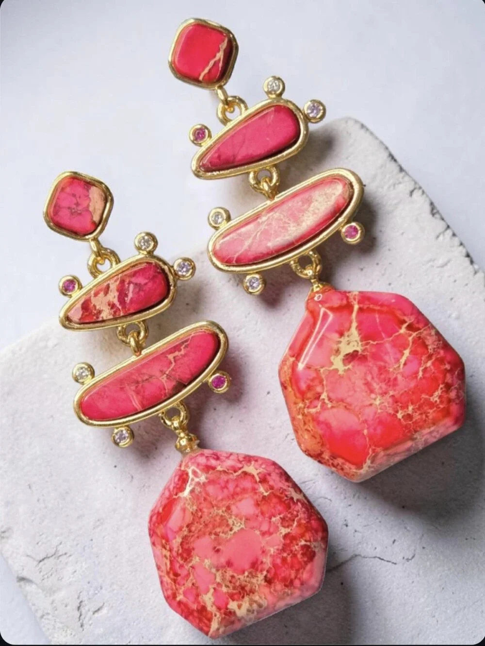 18k Gold Plated Pink Jasper Stone Crystal Dangle Earrings